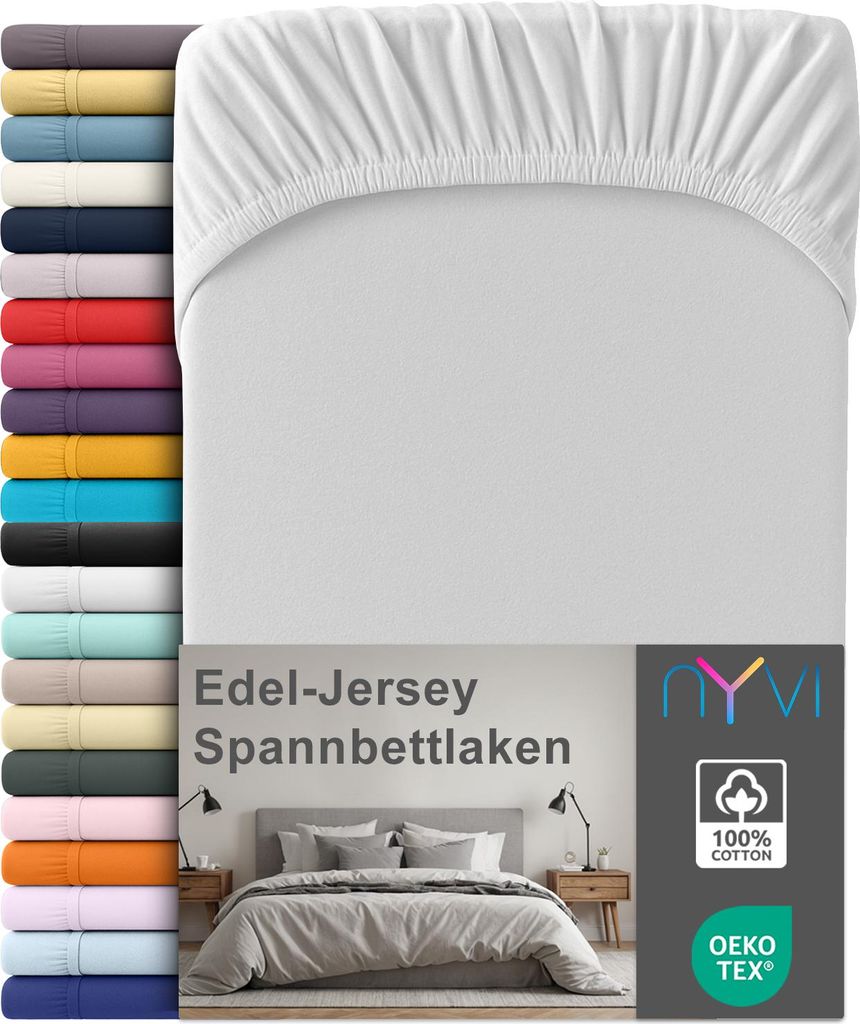 Edel Jersey Spannbettlaken Deluxe für Matratzen bis 25 cm Steghöhe - 100% Baumwolle supergekämmt, 140g/m², Rundumgummizug, Farbe:Silber, Größ...