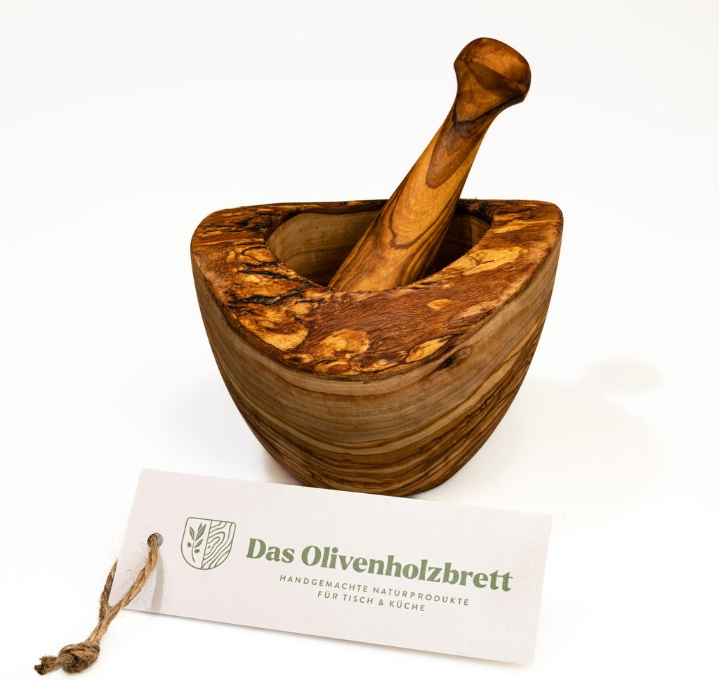 Mörser und Stößel aus Olivenholz in Naturoptik 16 cm