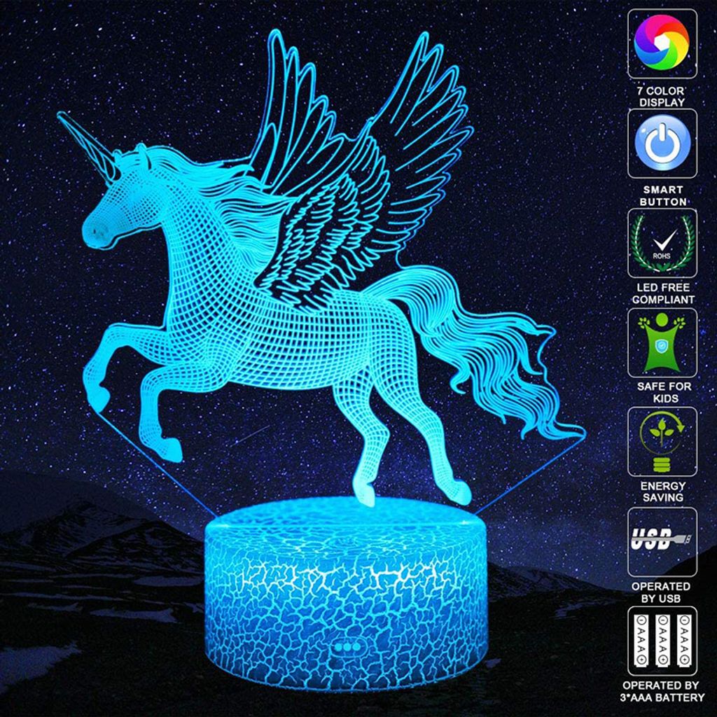 A 3D illuminated unicorn lamp with wings, standing on a textured base, against a dark, starry background.