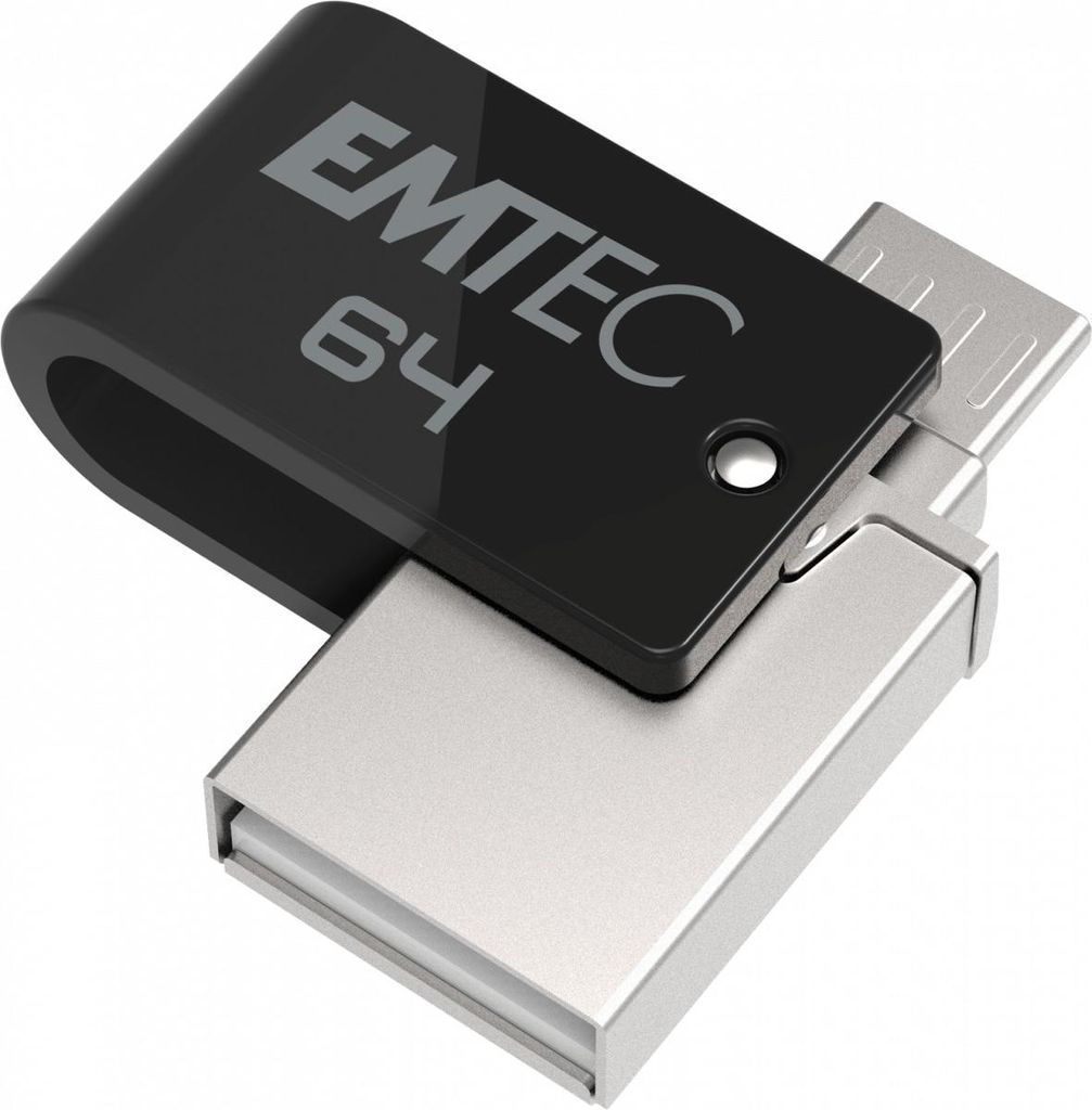 Emtec T260B, 64 GB, USB Type-A / Micro-USB, 2.0, 15 MB/s, Schutzhülle, Schwarz, Edelstahl