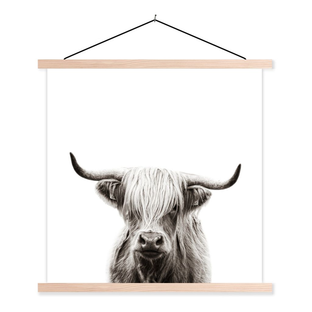MuchoWow Textilposter Porträt Schottischer Highlander - Schottische Kuh - Schwarz und weiß 60x60 cm mit holzfarbenen Rahmen - Wanddekoration