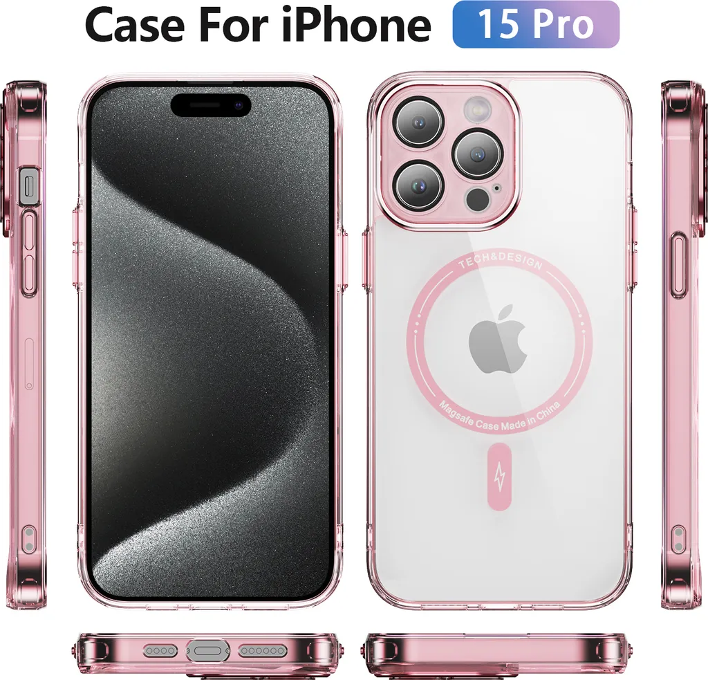 Cover MagSafe iPhone 15 Pro Rosa Trasparente: Protezione Ibrida Antiurto - 2