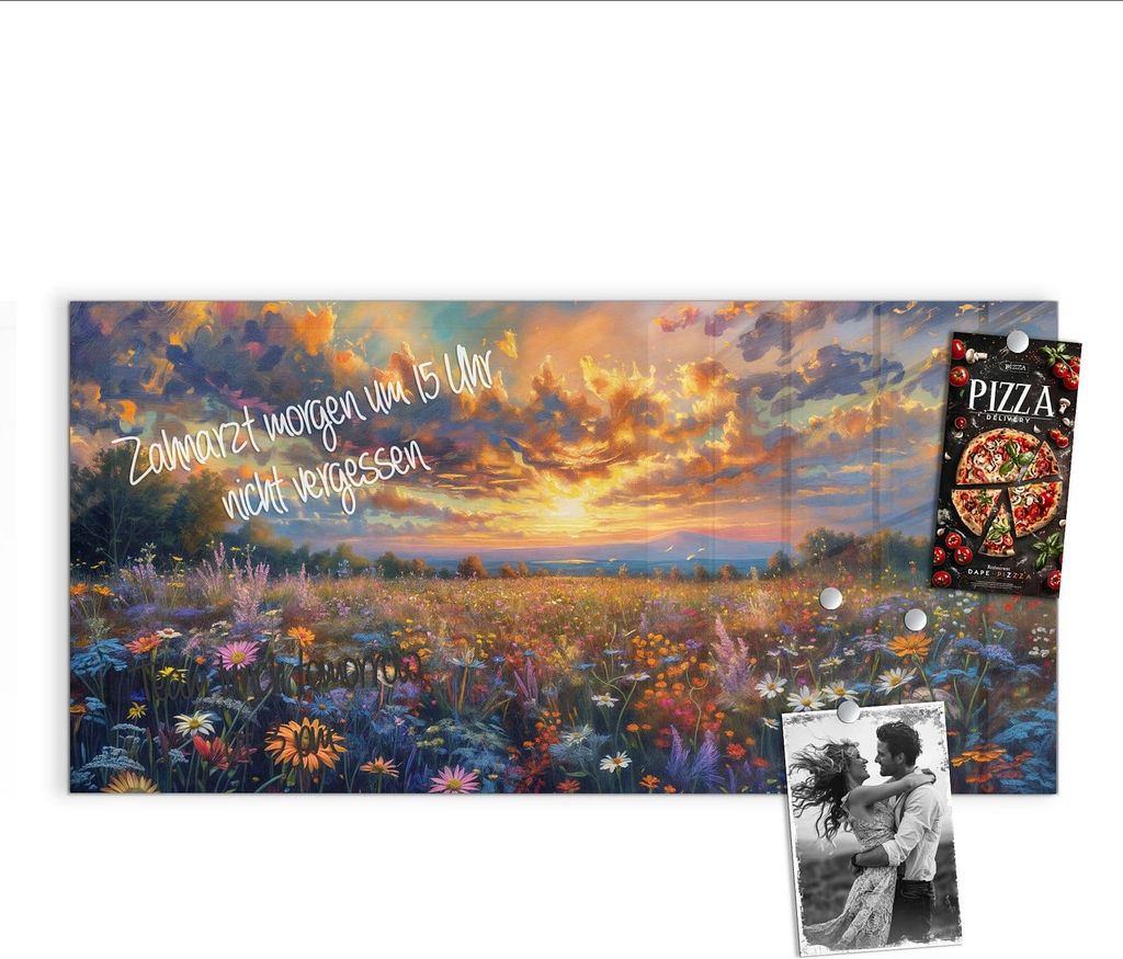 Magnettafel 100x50cm Pinnwand Whiteboard beschreibbar - Blumenwiese Sonnenuntergang