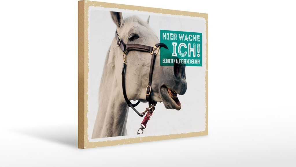Holzschild Hinweis Pferd Schimmel hier wache ich eigene Gefahr, 40x30 cm, Holzschilder Tiere Achtung