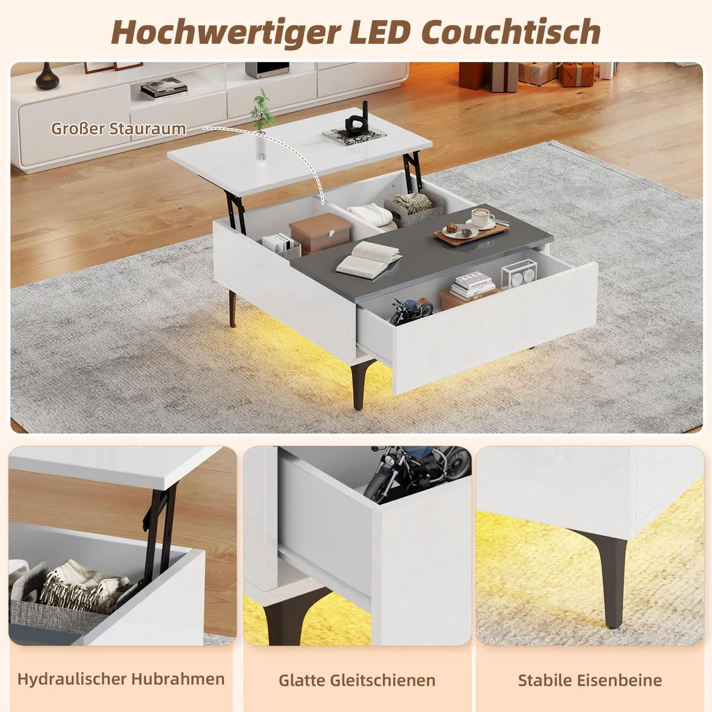 Table Basse Blanc Brillant 70cm Plateau Relevable et Eclairage App LED - 11