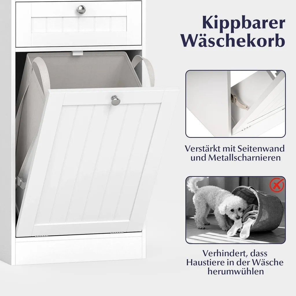 Armoire à Linge de Salle de Bain Blanche avec Coffre à Linge Intégré