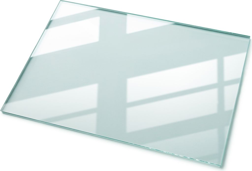 A rectangular glass tabletop is shown on a white background, with reflections of window panes visible on its surface.