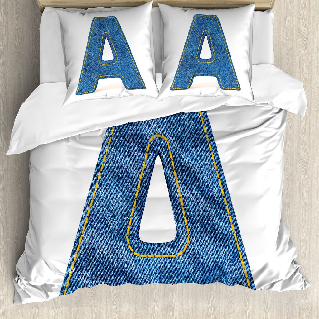 ABAKUHAUS Buchstabe a Bettbezug, Blau Versalien- Jeans, Milbensicher Allergiker geeignet mit Kissenbezügen, 200 cm x 200 cm - 80 x 80 cm, Blau Gelb