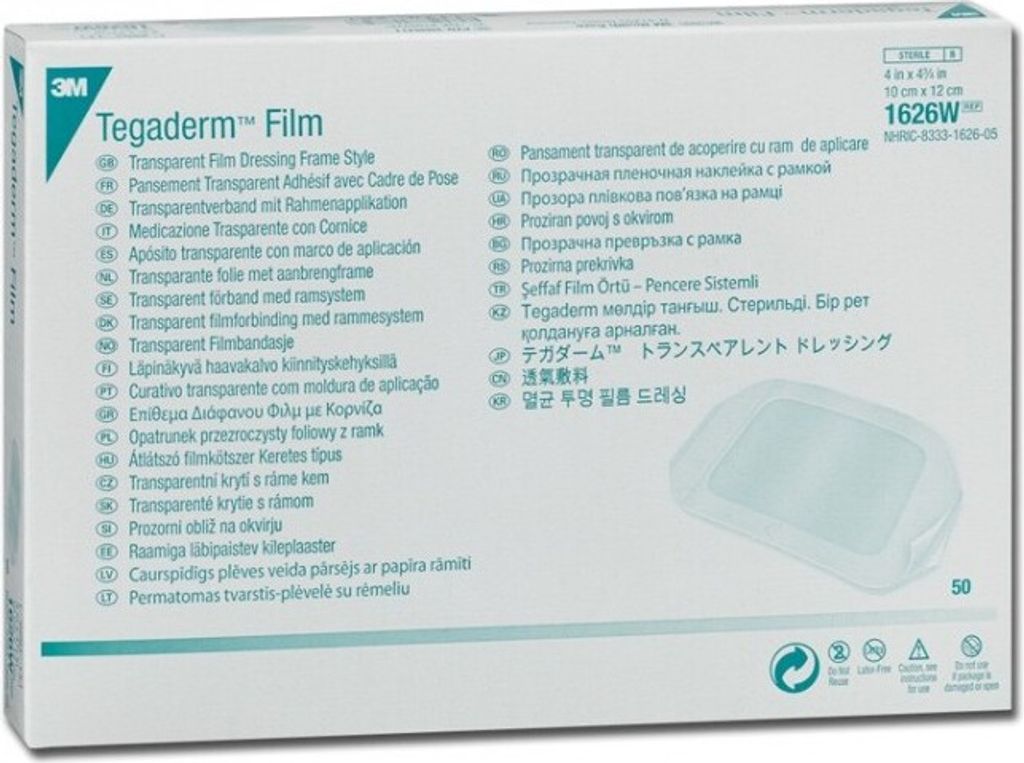 The image shows the packaging of Tegaderm Film dressing.