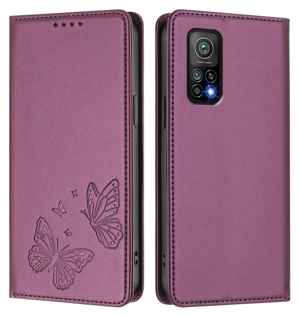Lederhülle für Xiaomi Mi 10T / Mi 10T Pro, Schmetterling Prägung Leder Brieftasche Schutzhülle mit Ständer Lila