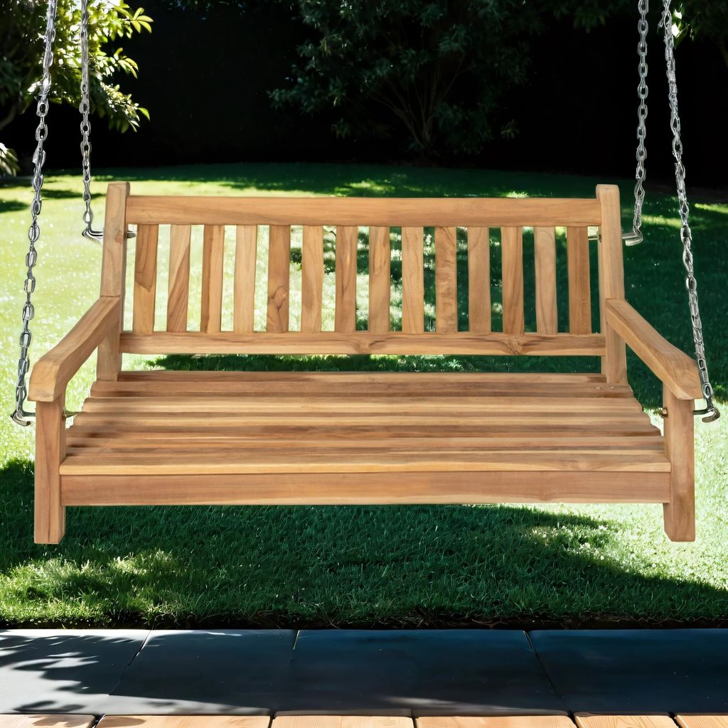 2-Sitzer Gartenschaukel Susana, hängende Bank 120 cm, Teakholz massiv, Schaukelbank für den Garten, pflegeleichtes Unikat