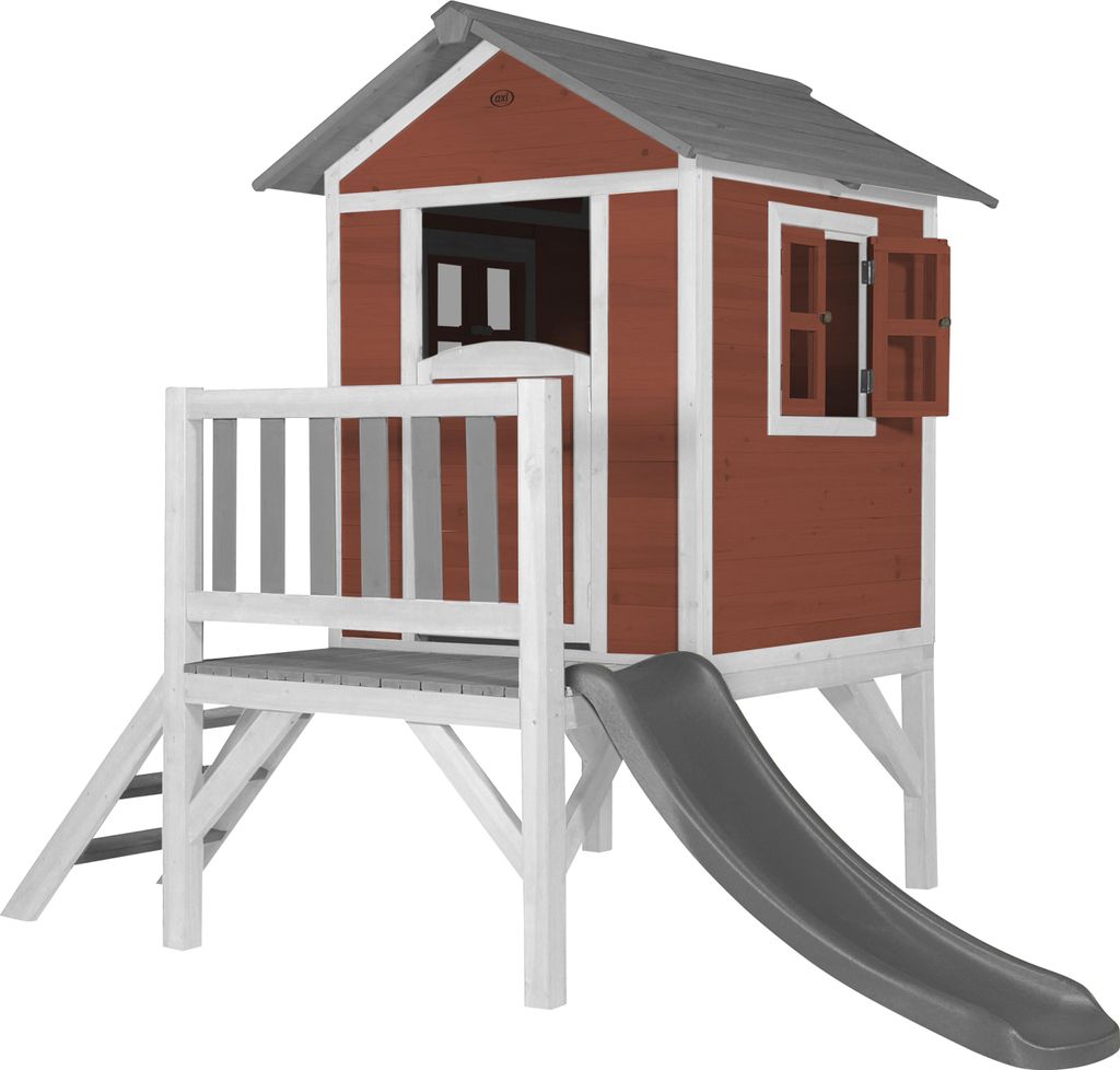 AXI Spielhaus Beach Lodge XL in Rot mit Rutsche in Grau | Stelzenhaus aus Holz für Kinder | Kleiner Spielturm für den Garten