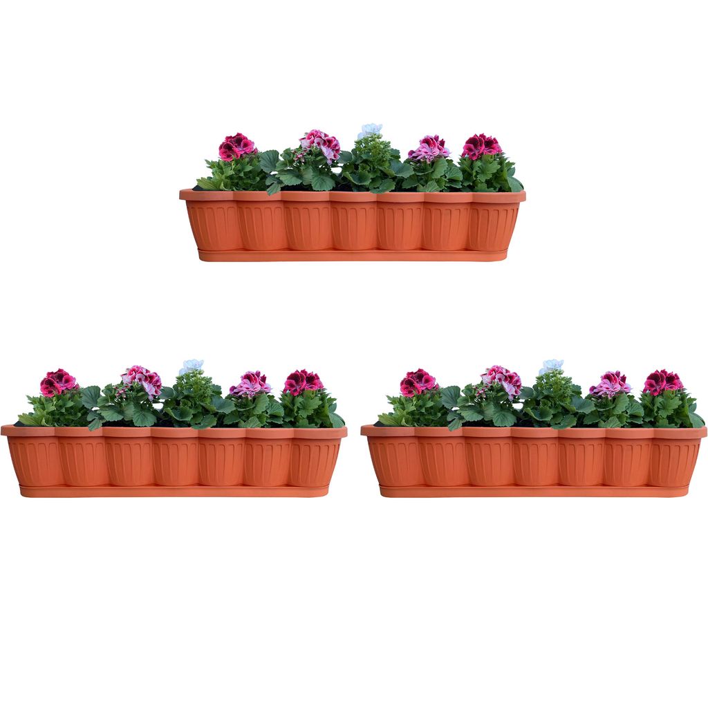 3er Set 80cm Blumenkasten Balkonkasten Pflanzkasten Terracotta im Wellendesign inkl. passenden Bewässerungsuntersetzer