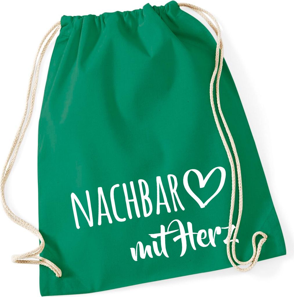 Huuraa Turnbeutel Nachbar mit Herz 12 Liter Kelly Green Baumwolle Rucksack Geschenkidee