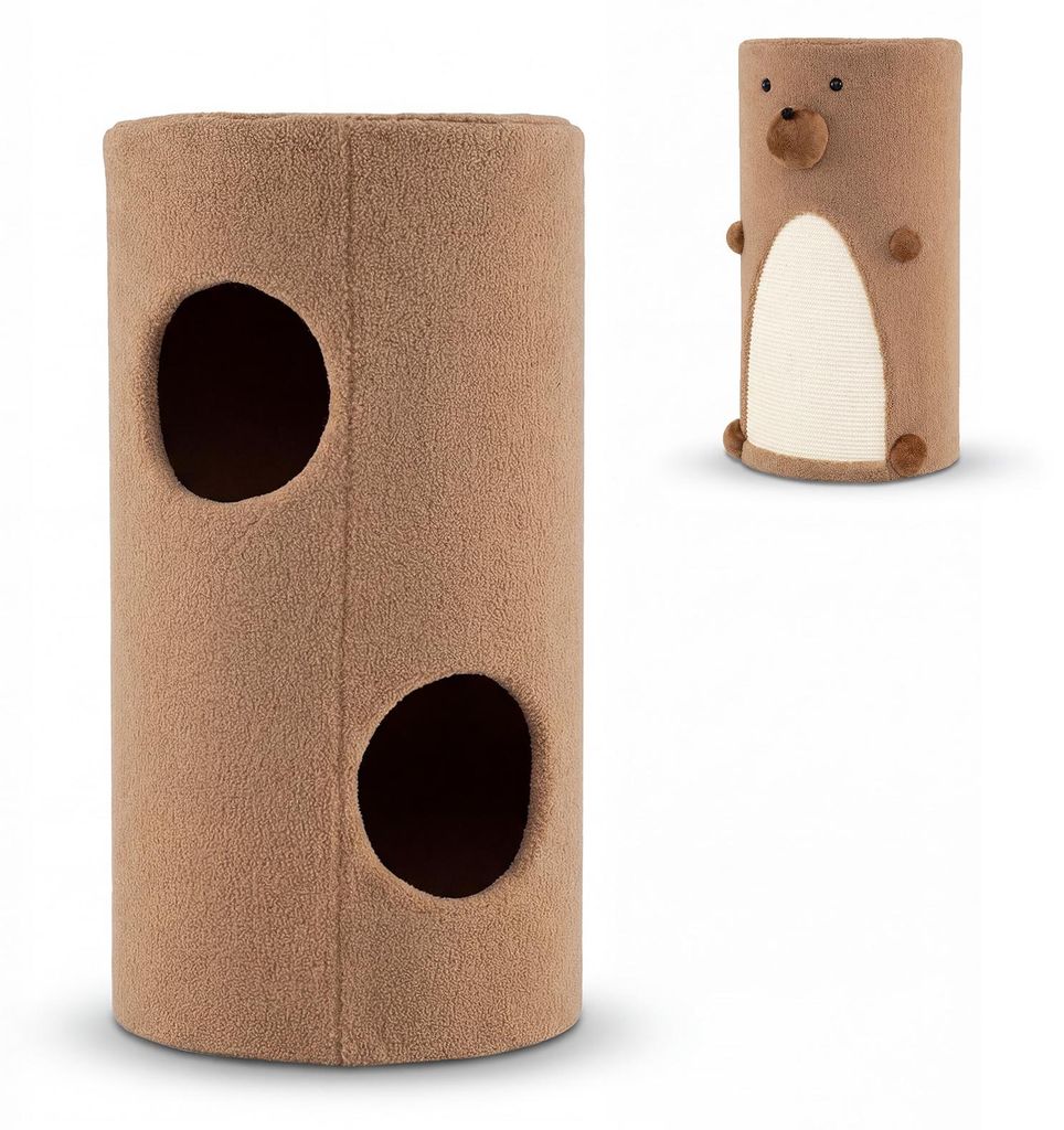 COSTWAY Kratztonne, Ø 35 cm, 66 cm hoch, Katzentonne mit Sisal-Kratzmatte, 2 Katzenhöhlen, Katzenbett, Kratzbaum, Katzenbaum bis 15 kg, Braun