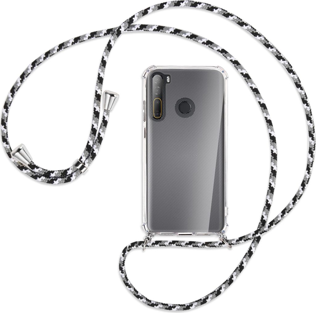 Handykette Backcover-Schutzhülle mit Band (Metall silberfarben) für HTC Desire 20 Pro - schwarz/grau/weiß