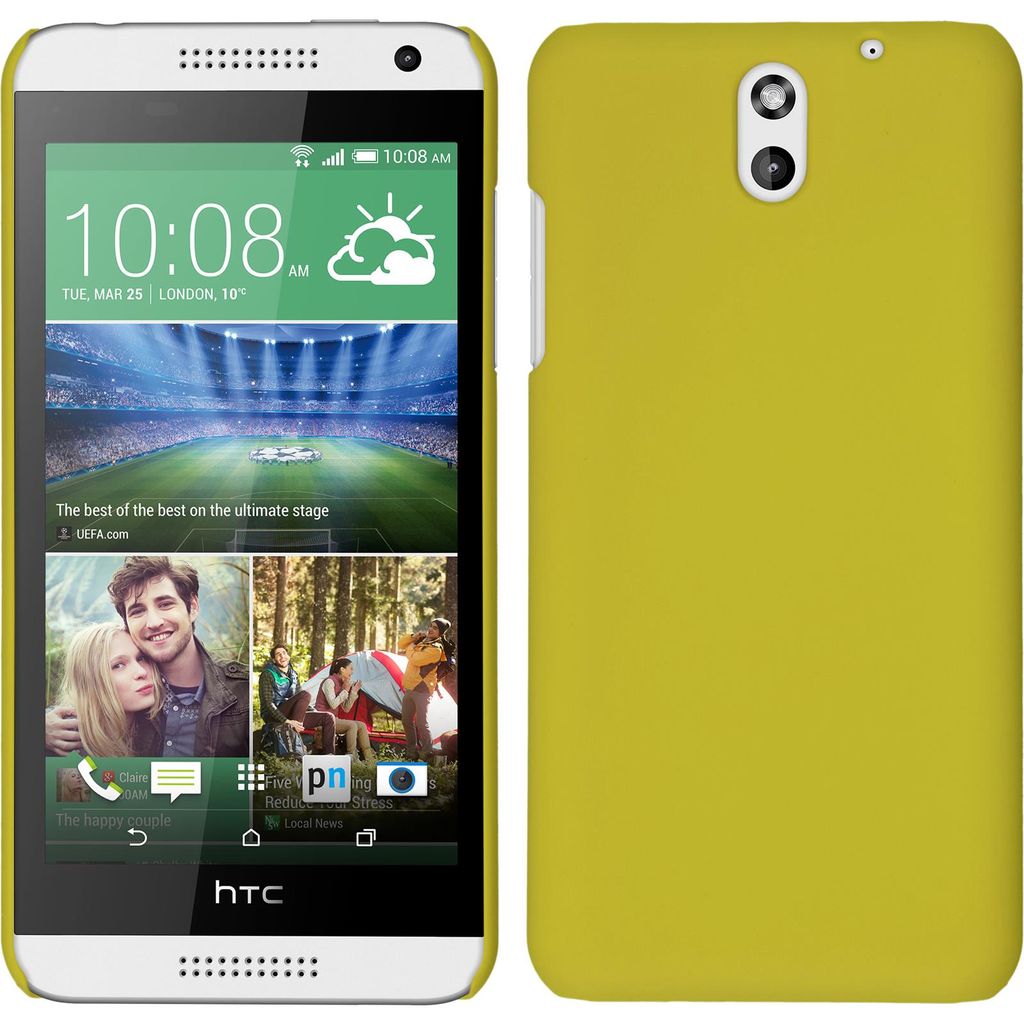 PhoneNatic Case kompatibel mit HTC Desire 610 - Hülle gelb gummiert Hard-case + 2 Schutzfolien