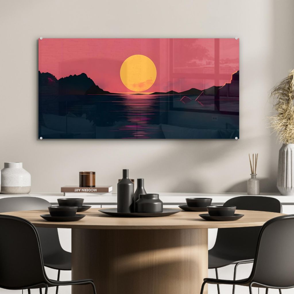 MuchoWow Glasbilder - Bilder auf Wandbild - Foto auf Glas Sonne - Gelb - Berge - Wasser 80x40 cm Wanddekoration aus Glas - Acrylglasbild - Acrylbil...