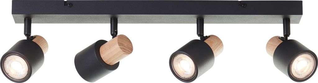 Brilliant Pini Spotbalken LED 4-flammig, dimmbar mit GU10-Fassungen, schwenkbare Köpfe, Schwarz / Helles Holz, 350 Lumen, 36° Abstrahlwinkel, fü...