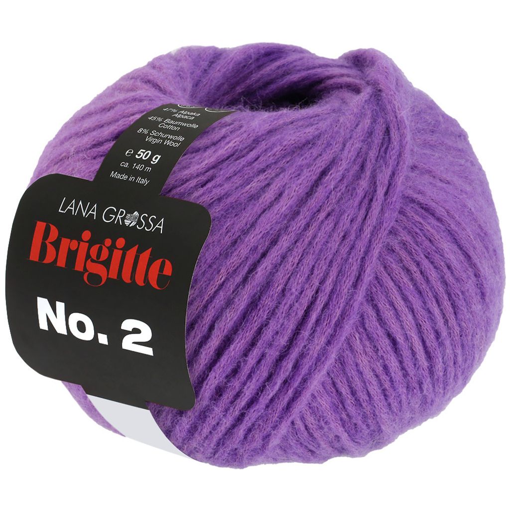 A ball of purple yarn with a label.