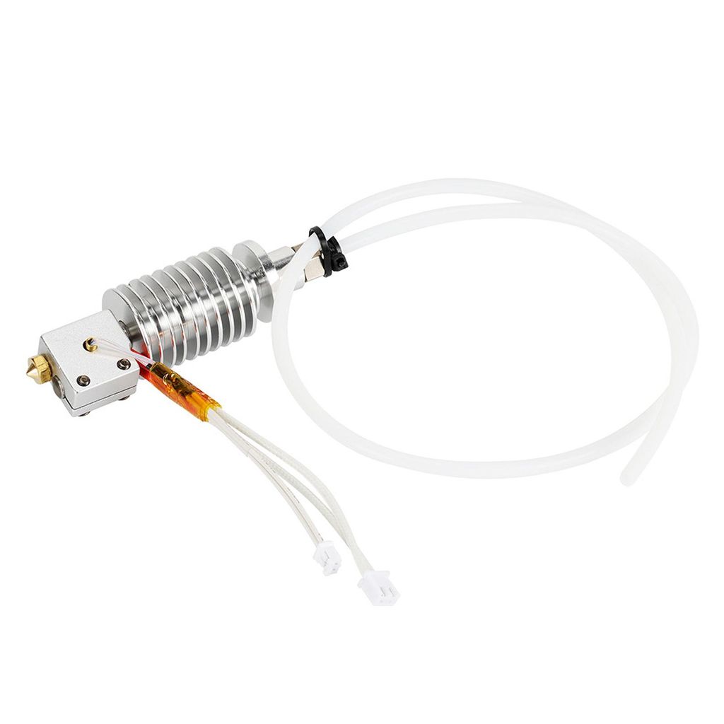 A 3D printer hotend assembly with attached tubing and wires, isolated on a white background.