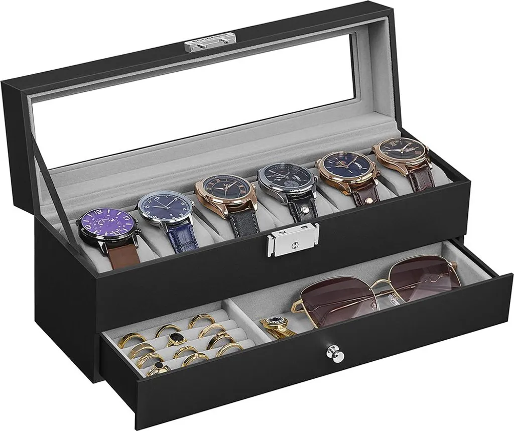 Custodia Orologi Doppia Scatola PU - Organizer con Cassetto Grigio