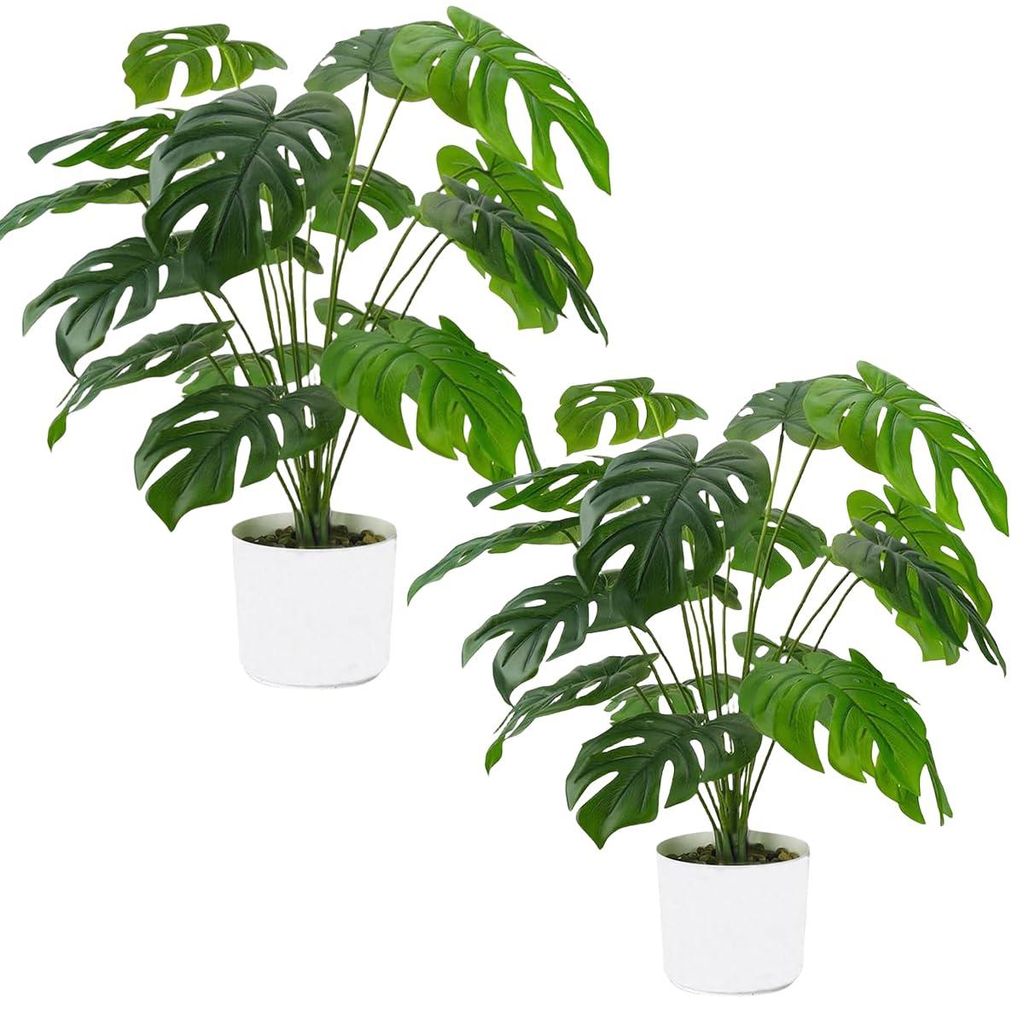 2 künstliche Monstera-Pflanzen im Topf, künstliche tropische Palmen für Zuhause, Wohnzimmer, Schlafzimmer, Balkon, Büro, Tischdekoration (12 Bl...