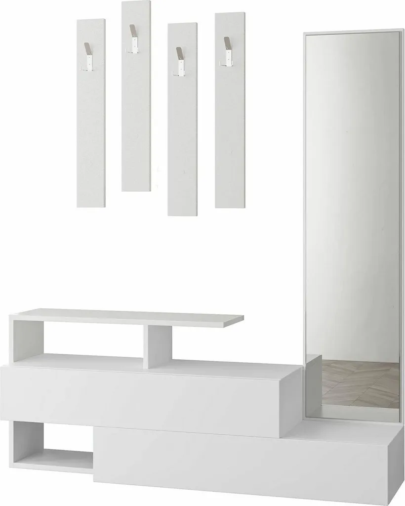 Vestiaire d'Entrée Complet Ofel avec Miroir et Rangement Bas Blanc