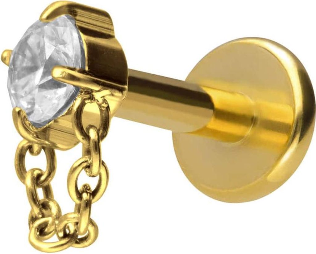 Ohrpiercing, Nasenpiercing Titan Labret mit Innengewinde KRISTALL + KETTE Gold Stablänge: 10mm | Stabstärke: 1,6mm