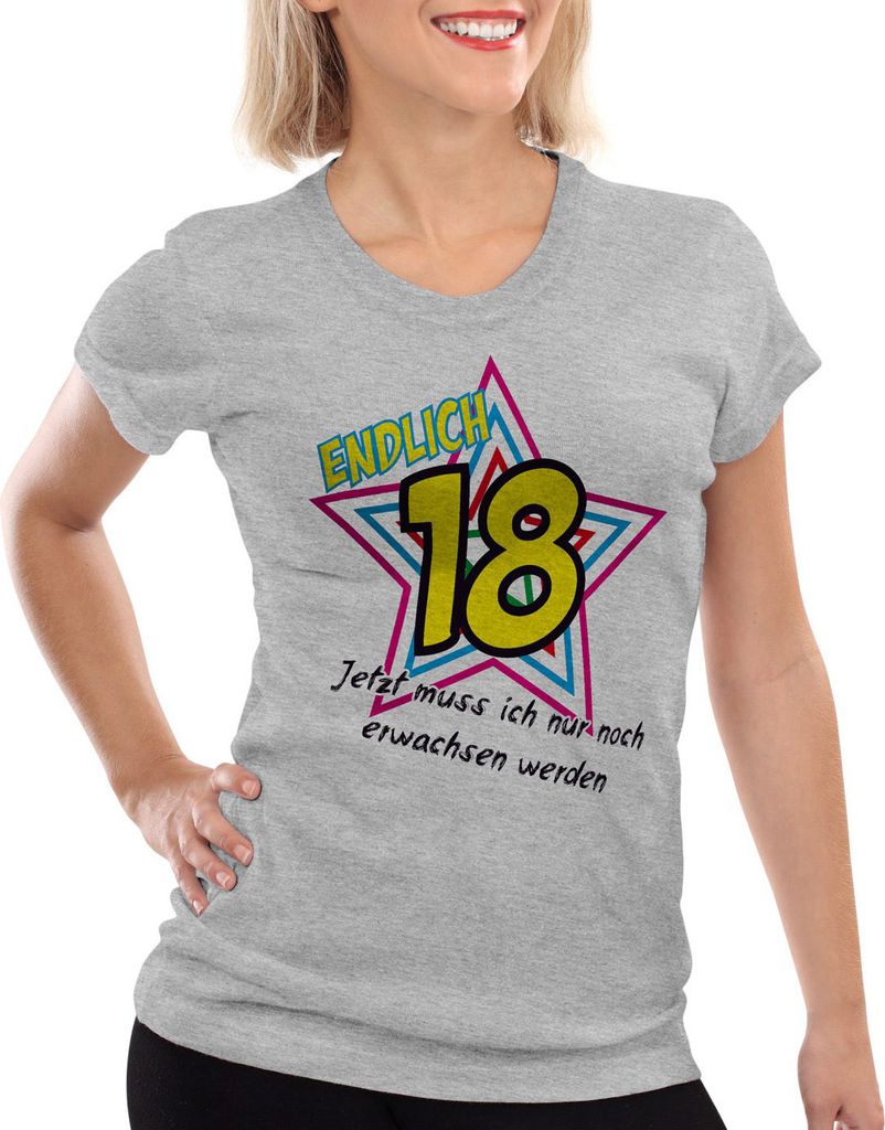 style3 Endlich 18 Damen T-Shirt Jetzt muss ich nur noch erwachsen werden! Girlie Shirt, Farbe:Grau meliert, Größe:2XL