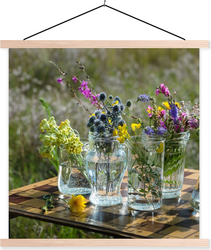 MuchoWow Textilposter Vase - Blumen - Farben 60x60 cm mit holzfarbenen Rahmen - Wanddekoration