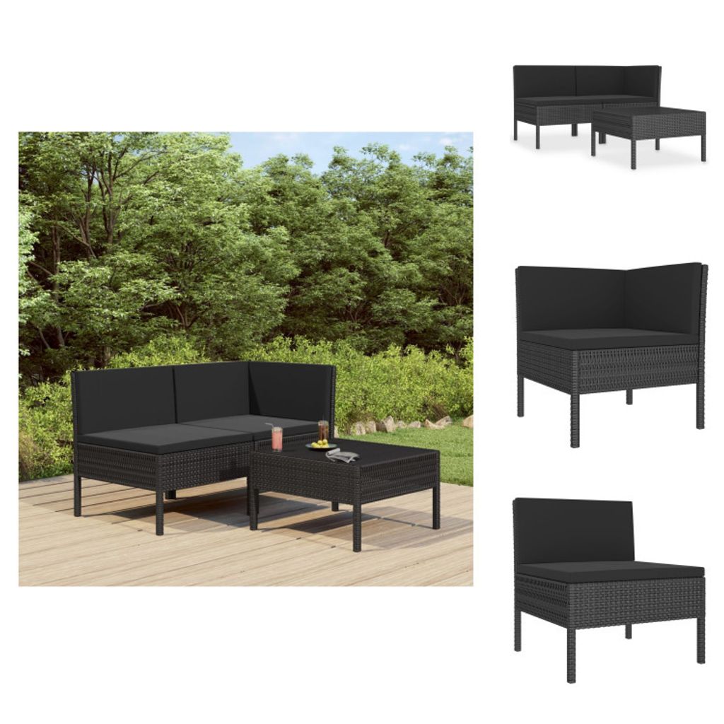 vidaXL 3-tlg. Garten-Lounge-Set mit Auflagen Poly Rattan Schwarz - Gartenmöbel-Sets