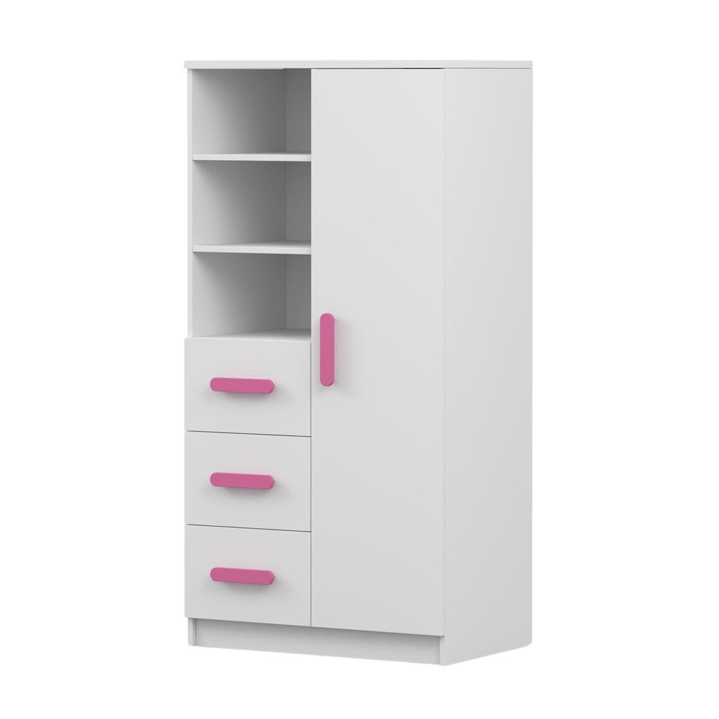 A white children's bookshelf with pink handles and a pink door handle, shown against a white background.