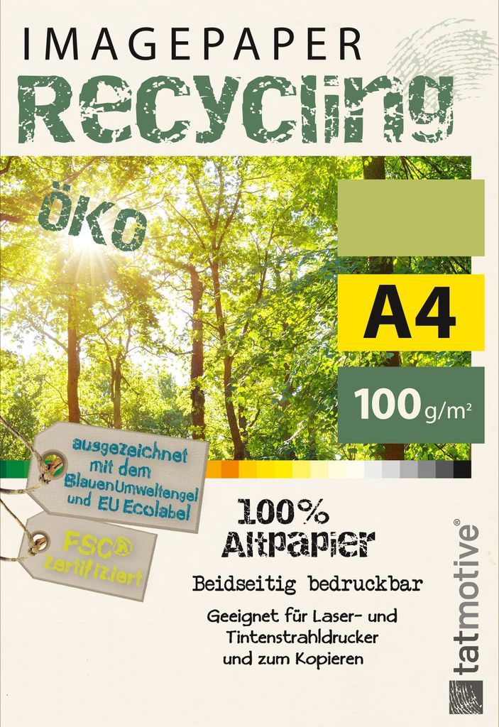 TATMOTIVE Imagepaper Recyclingpapier Öko 100g/qm DIN A4, geeignet für alle Drucker, 2000 Blatt Kopierpapier Druckerpapier