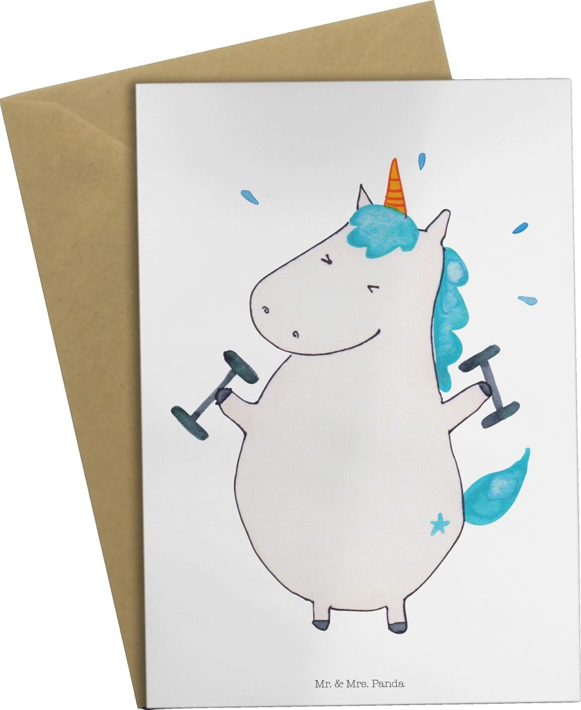 Mr. & Mrs. Panda Grußkarte Einhorn Fitness - Weiß - Geschenk, Einhörner, Fitnessstudio, weihnachtskarten, vatertagskarte, Unicorn, Abnehmen, Spo...
