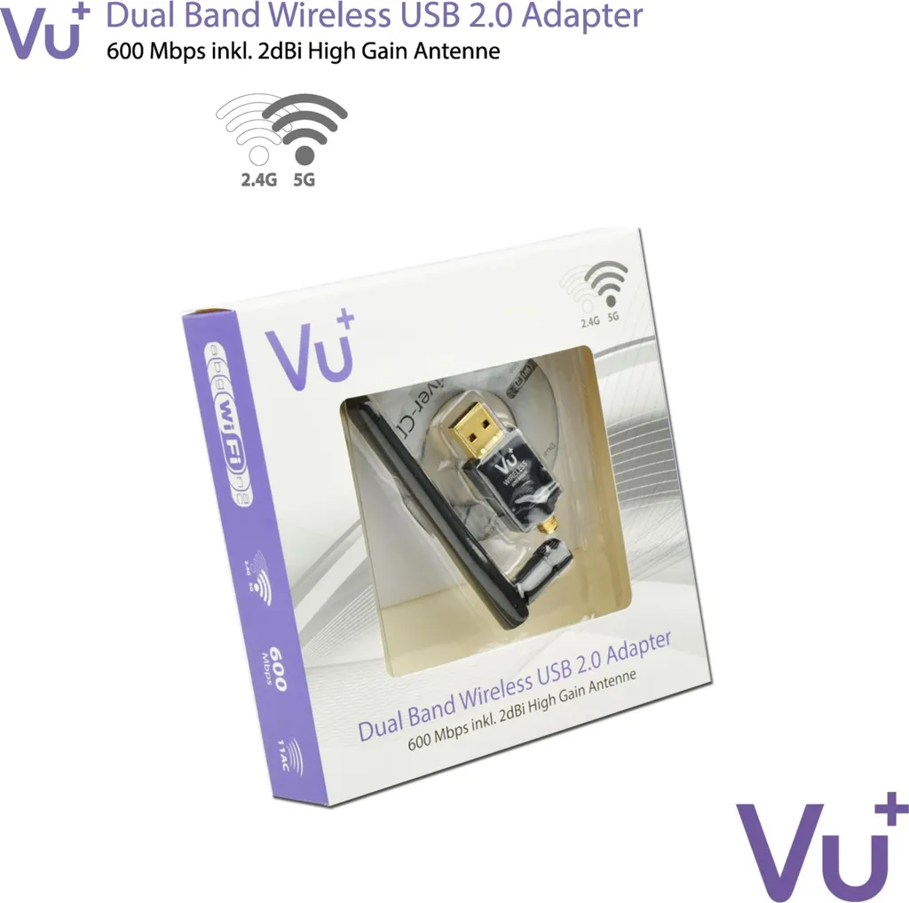 Adaptateur Wi-Fi USB VU+ 600 Mbps Dual Band 2.4/5GHz avec Antenne Noire