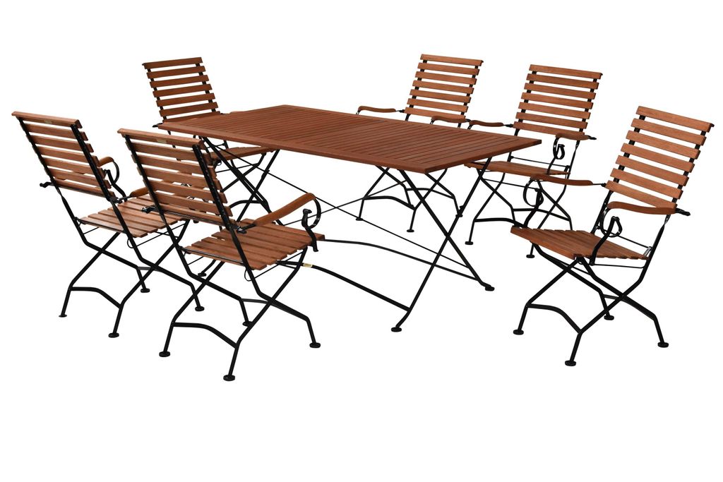 Merxx Gartenmöbelset Schlossgarten 7tlg., 6 Klappsessel, 1 Klapptisch 160 x 90 cm - Flachstahl/Eukalyptus