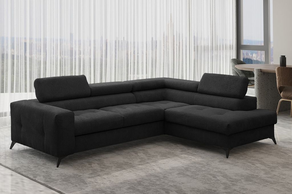 Kaiser Möbel Ecksofa mit schlaffunktion und bettkasten, Sofa L-form, Couch L-form Arcadi Dicker Cord Schwarz Rechts