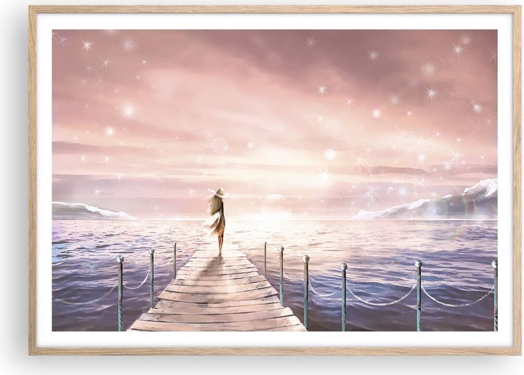 Gerahmtes Poster - Rahmen in heller Eiche - Brücke Frau die Sterne - 100x70 cm - Wand Bild - Wanddeko - Wandbilder - Wandposter - Bilderrahmen - B...