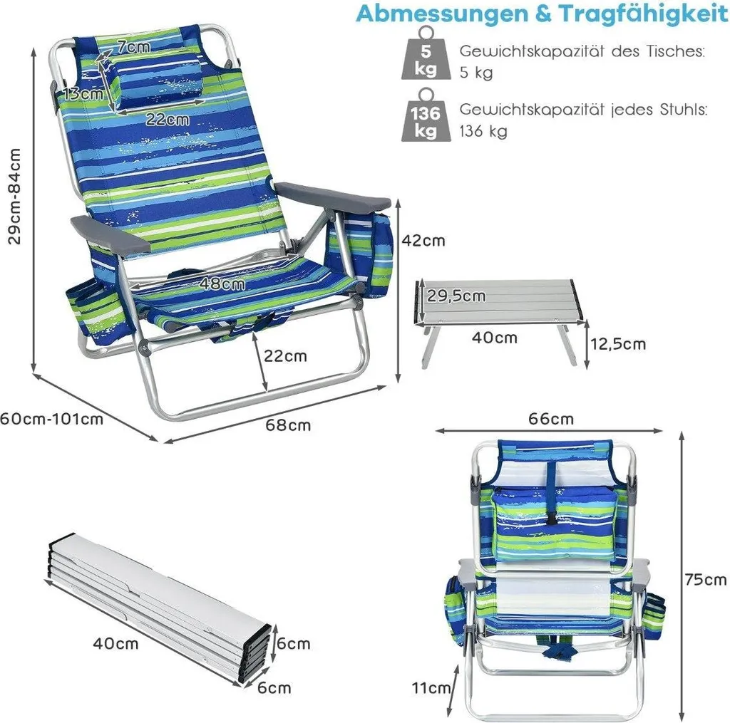Ensemble de 3 chaises et table de plage pliables - Set nomade Modèle Azur
