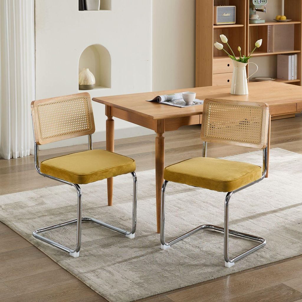 Esszimmerstühle im Mid-Century-Modern-Stil, 2er-Set, Samt-Akzentstühle mit Rückenlehne aus Naturrohr und verchromtem Edelstahlgestell, entworfen...