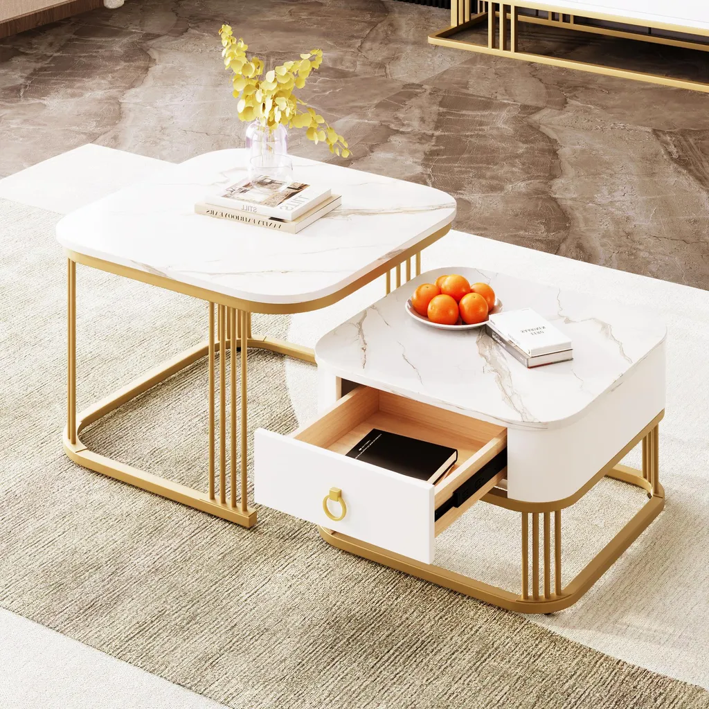 Table Gigogne Blanche à Tiroirs, Plateau Brillant Effet Marbre Chic