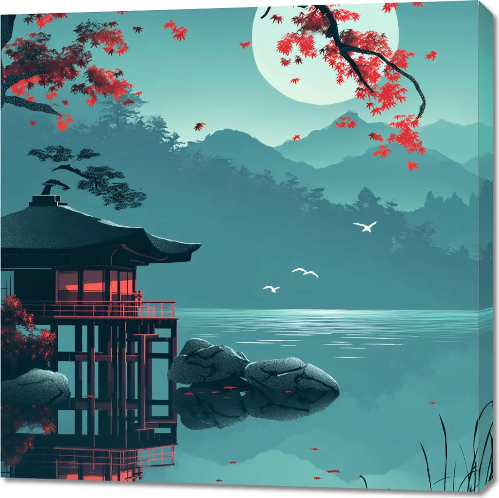 Décoration murale Pavillon japonais 90 x 90 cm - Grande toile carrée zen
