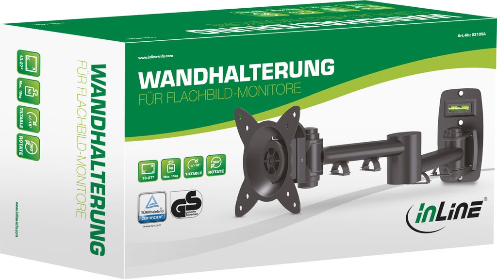 InLine Wandhalterung für TFT bis 68cm (27"), max. 15kg, 2-teiliger Arm