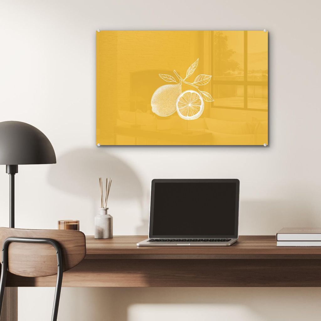 MuchoWow Glasbilder - Bilder auf Wandbild - Foto auf Glas Zitronen - Illustration - Minimalistisch - Gelb 60x40 cm Wanddekoration aus Glas - Acrylg...