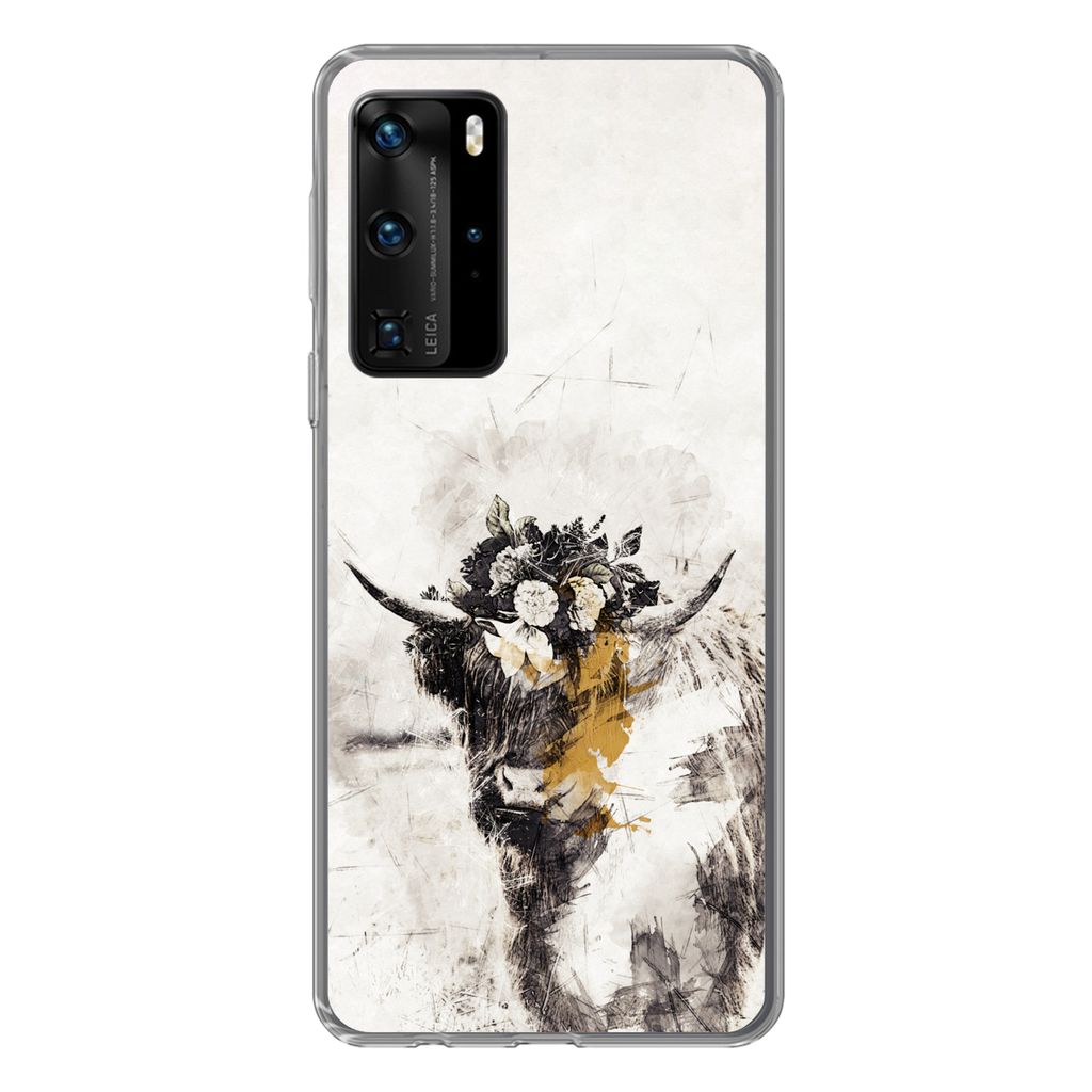 MuchoWow Handyhülle Schutzhülle Hülle für Huawei P40 Pro Schottischer Highlander - Farbe - Blumen Silikon Softcase Handy Hülle - Schutz