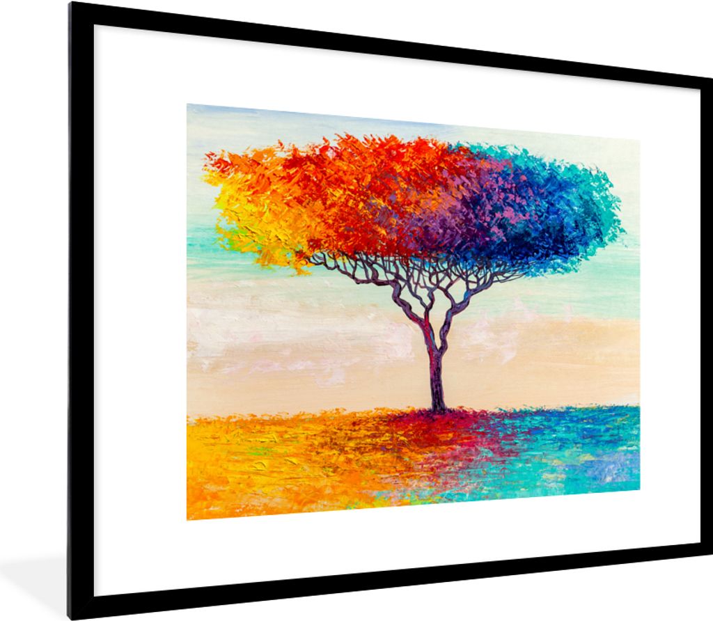 MuchoWow Gerahmtes Poster Gemälde - Ölfarbe - Baum - Regenbogen 80x60 cm - Poster mit Schwarzem Bilderrahmen Wandposter Rahmen Foto Bilder - Sc...