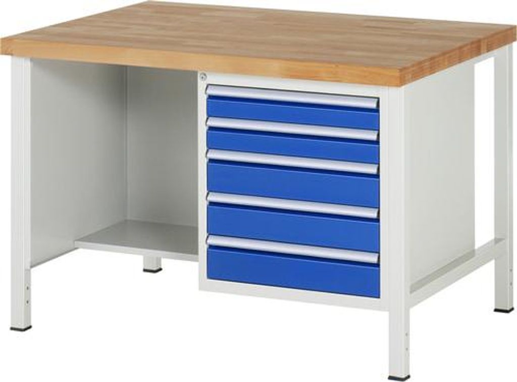 Mobile Werkbank mit Ablageboden - 5 Schubladen - Vollauszug - 90:2 / 120:3 - 840 x 1.250 x 900 mm (HxBxT) - Traglast 1.250 kg - Buche