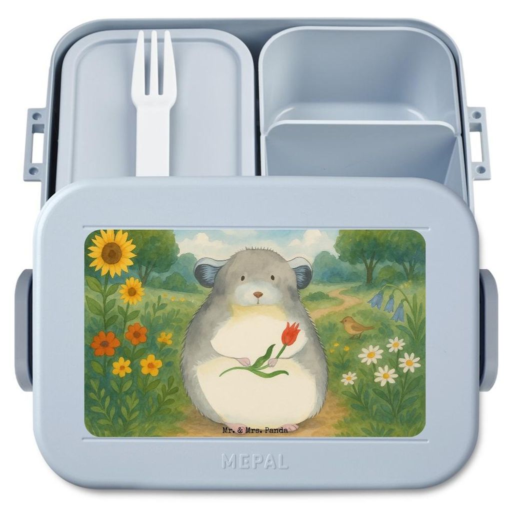 Mr. & Mrs. Panda Lunchbox Chinchilla Blume Design - Blau Pastell - Geschenk, Liebeskummer, Frischhaltedose, Glücklichsein, Tiere, Vesperbox, Chinc...