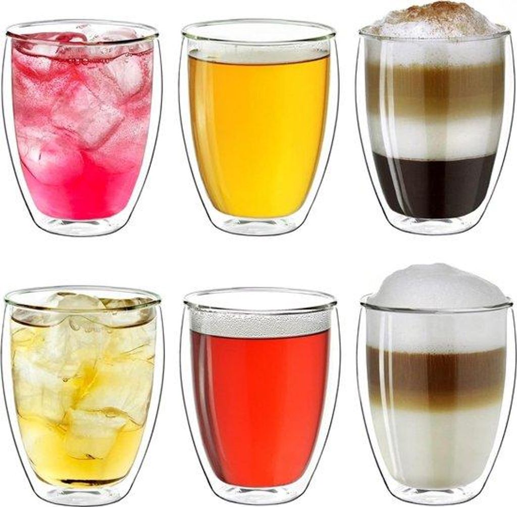 Thermische Doppelwand-Gläser 250 ml Set 6 - Große Hitzebeständige Borosilikatglas-Cappuccino-Gläser